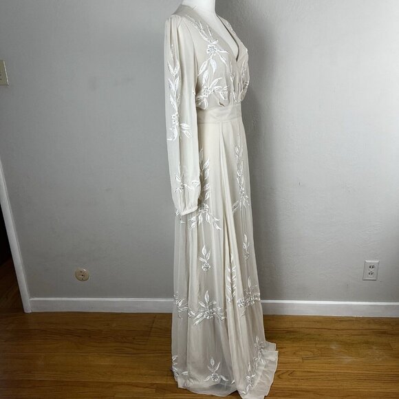 Anthropologie BHLDN Belize Embroidered A-Line Long-Sleeve V-Neck Gown Size 18 - Picture 6 of 16
